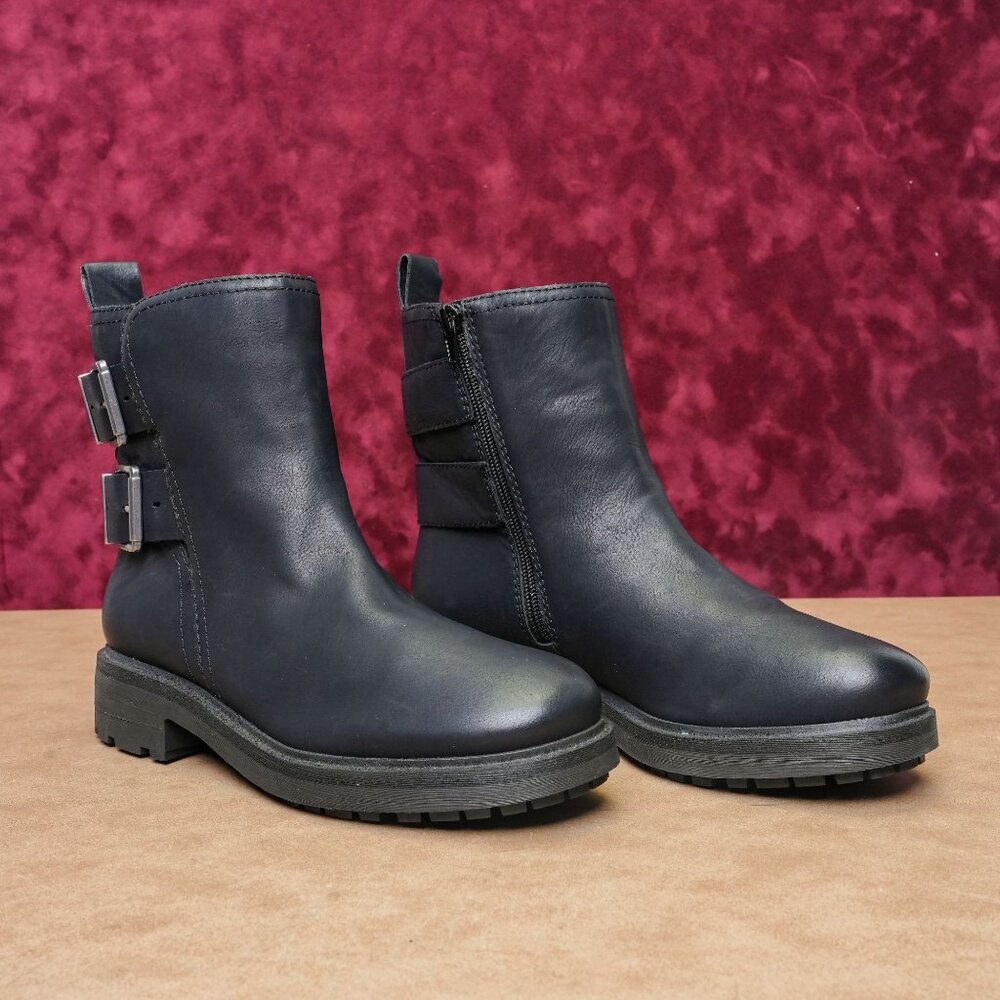 Lucky Brand Women Black Leather Festival Moto Buckle Zip Ankle Boots sz 9